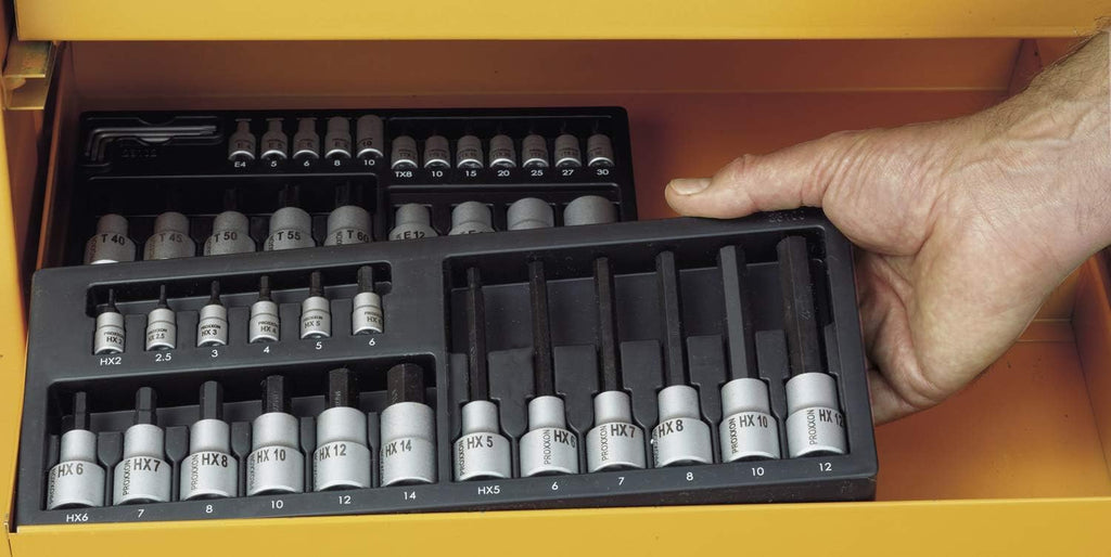 PROXXON Spezialsatz für Innensechskantschrauben, Für 1/4"-Vierkantantrieb und 1/2"-Vierkantantrieb, 18-teiliges Werkzeug-Set mit Stahlkasten, 23100