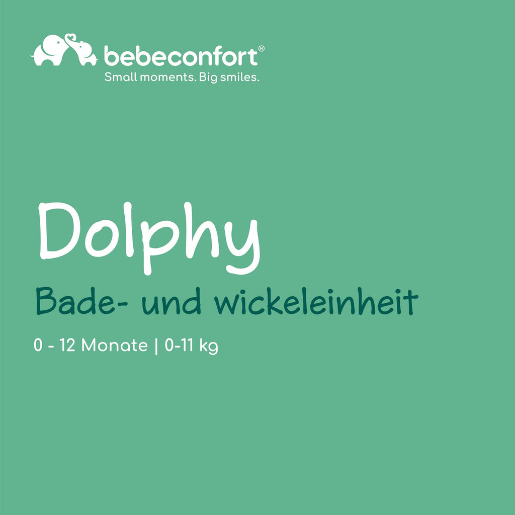 Bebeconfort Dolphy, 2-in-1 Baby Badewanne & Wickelkommode, 0 –12 Monate (max. 11 kg), Einfach Bewegbar Dank 4 Rollen, Aufbewahrungsfächer, Gepolsterte Wickelauflage, Einfache Wannenleerung, Grey Mist