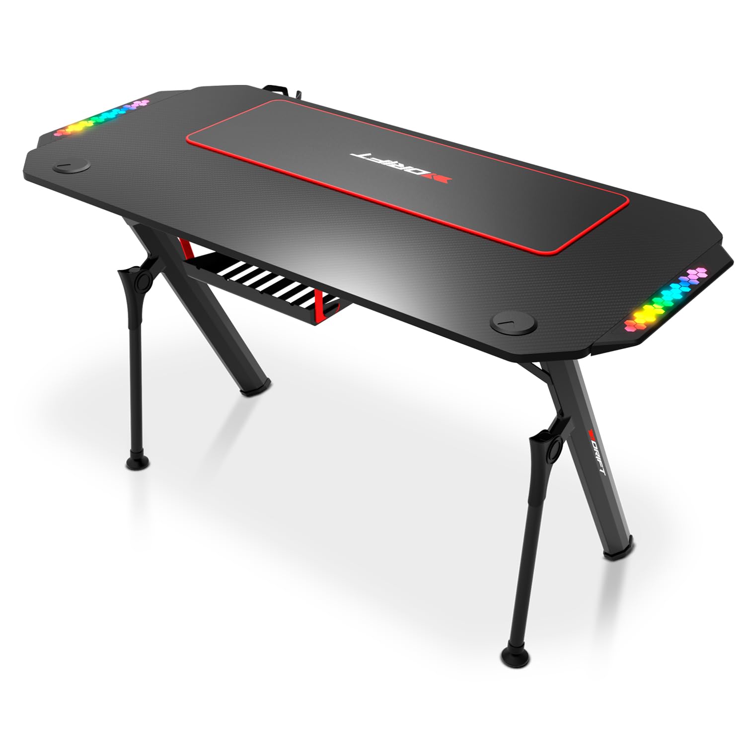 DRIFT GAMING DRDZ175RGB - Gaming-Tisch mit Kohlefaser-Tischplatte, Getränke- und Headset-Halter, Sound Reactive RGB-Seiten, Mousepad 80 x 30 cm, Schwarz, 130 x 60 x 75 cm