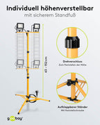 Goobay 57845 LED Baustrahler auf Teleskopstativ 2 x 20W / 3400lm / Neutral-Weiß Licht – 4000K / Für Innen- & Außenbereich – IP65 / Schwarz/Gelb