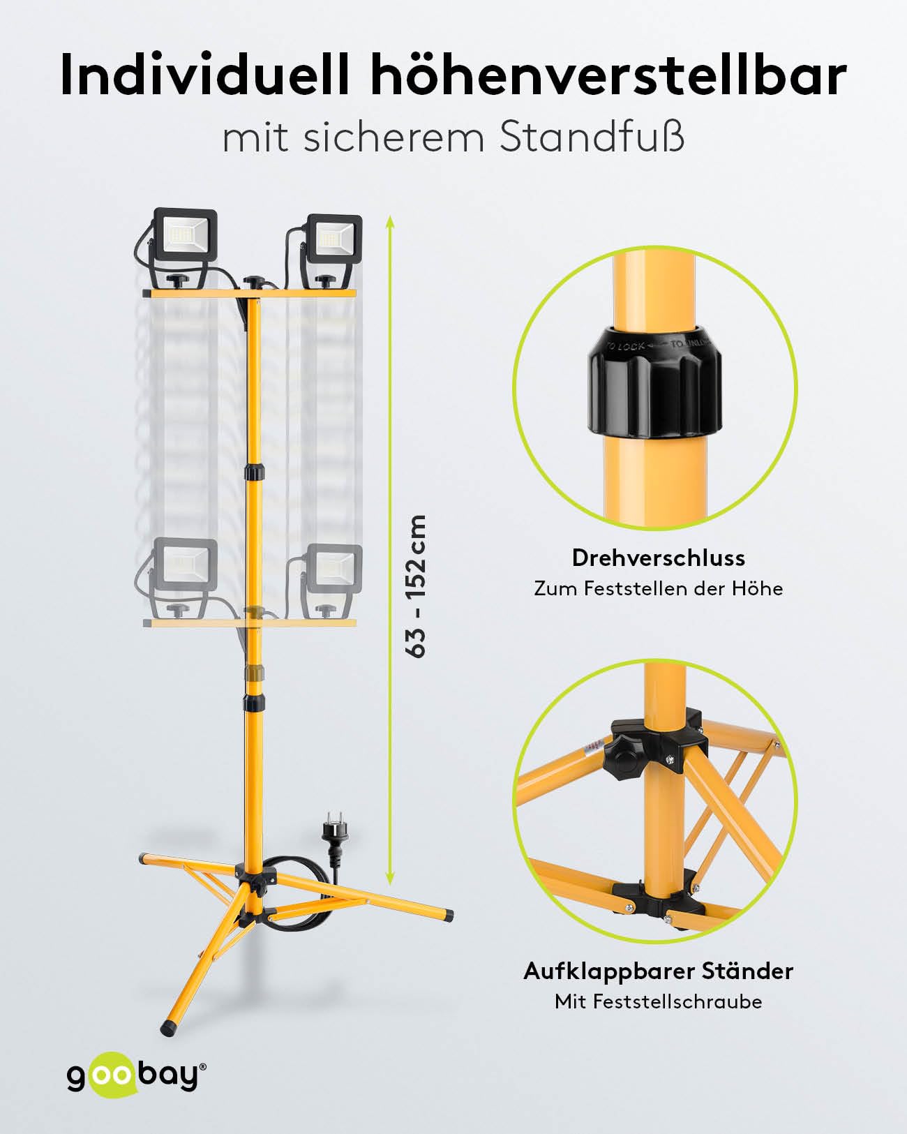 Goobay 57845 LED Baustrahler auf Teleskopstativ 2 x 20W / 3400lm / Neutral-Weiß Licht – 4000K / Für Innen- & Außenbereich – IP65 / Schwarz/Gelb