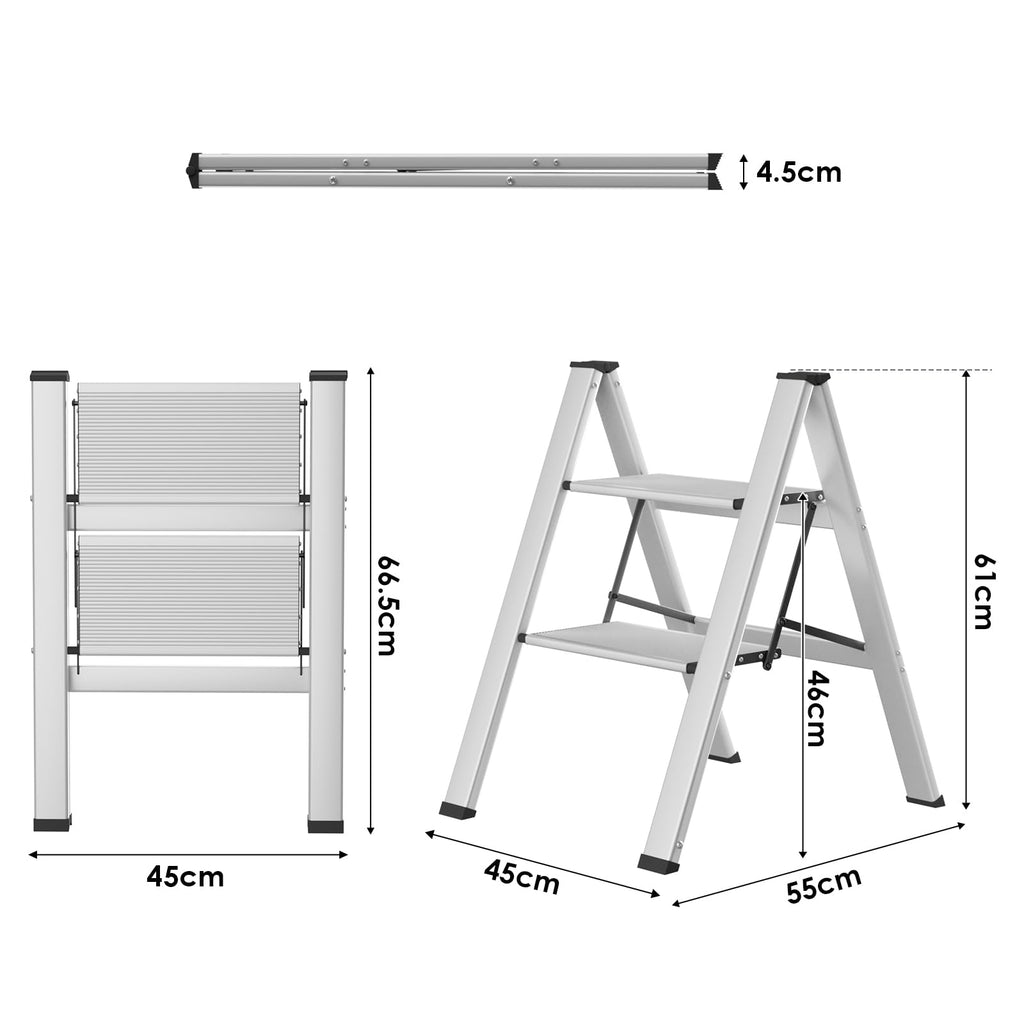 TLGREEN Alu Trittleiter 2-Stufen-Leiter Klappleiter Rostfeste rutschfeste Stehleiter Haushaltsleiter Multifunktionale Tritthocker Licht Platzsparend bis 150kg Belastbar für Küchen Haushalt Außen Büro