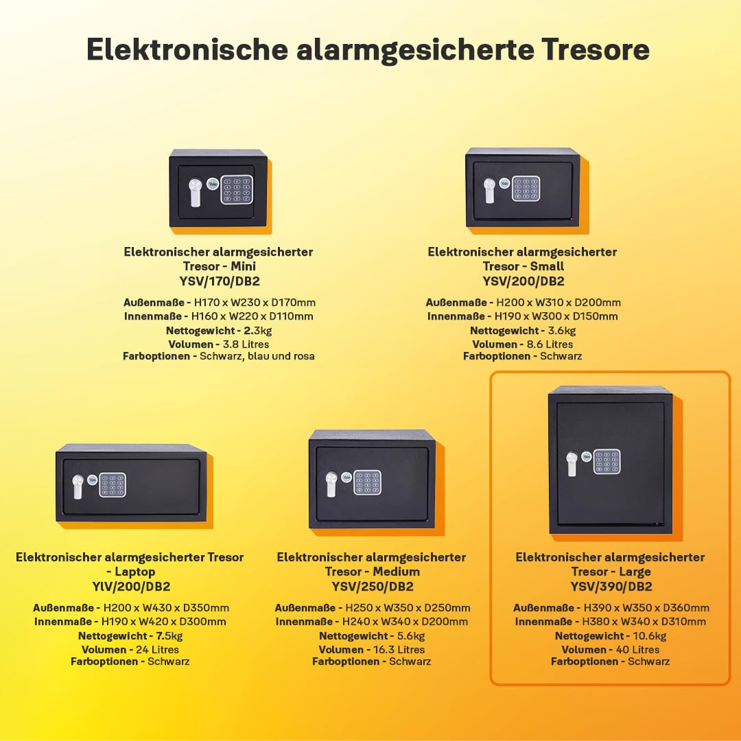 Yale Coffre-fort Électronique - Large 40L - Serrure 100 000 combinaisons, verrou électronique code 3 à 8 chiffres - dimensions 39x35x36cm YSV/390/DB2