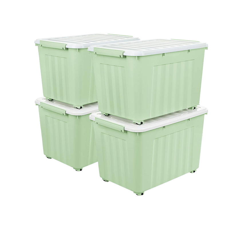 Cetomo 55L*4 Aufbewahrungsboxen, Rillen-verstärkte Kunststoffboxen mit Rollen & Deckeln, Stapelbare Aufbewahrungskiste, Ordnungsboxen für Zuhause und Büro, PP, Grün, 55L (4er Pack)