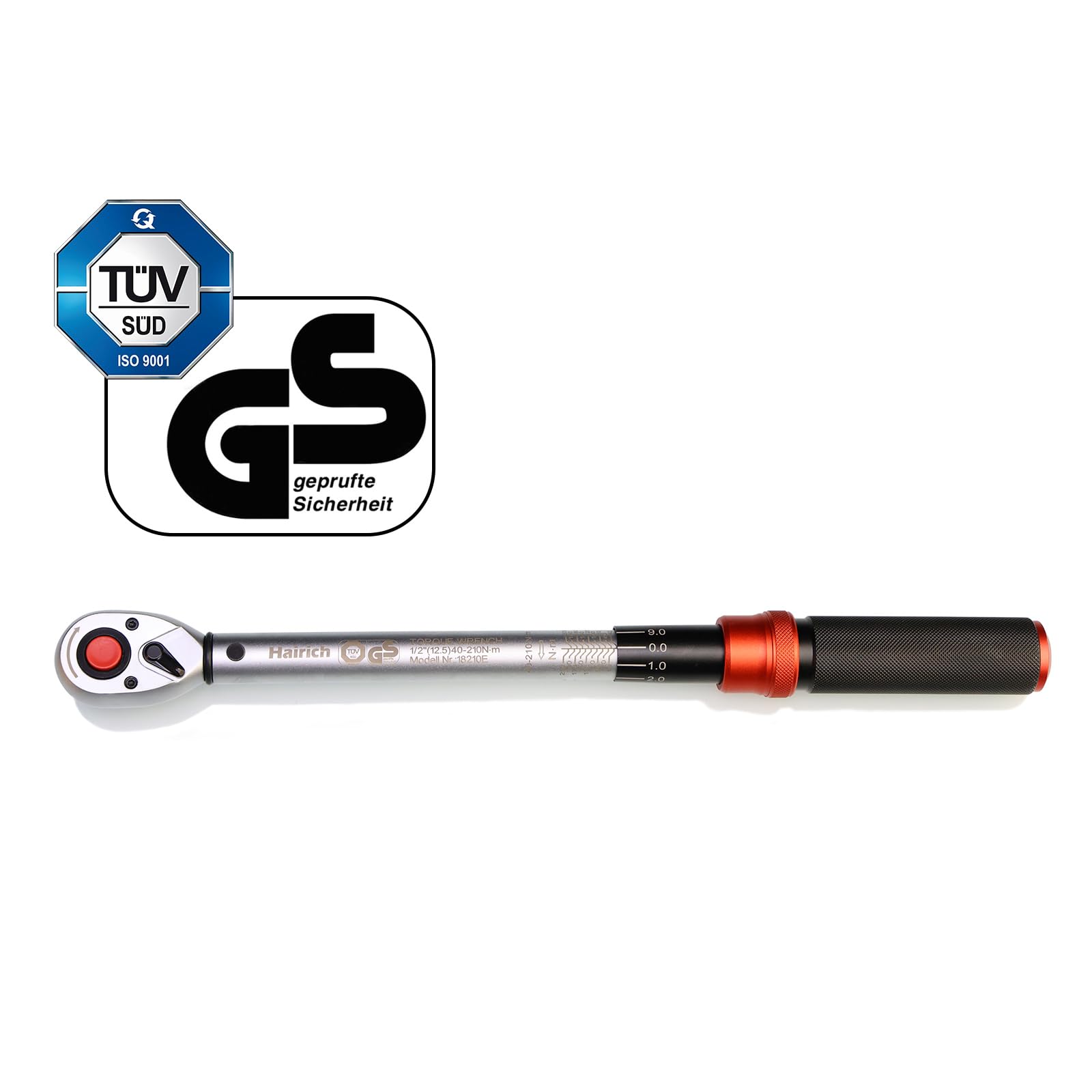 Hairich Drehmomentschlüssel Auto 1/2 Zoll, 40–210 Nm, TÜV Süd GS geprüft, 6-tlg. Drehmomentschlüssel Set mit 125 mm Verlängerung, 1/2"-3/8" Adapter & 3 Stecknüssen – Für Reifenwechsel & Motorrad