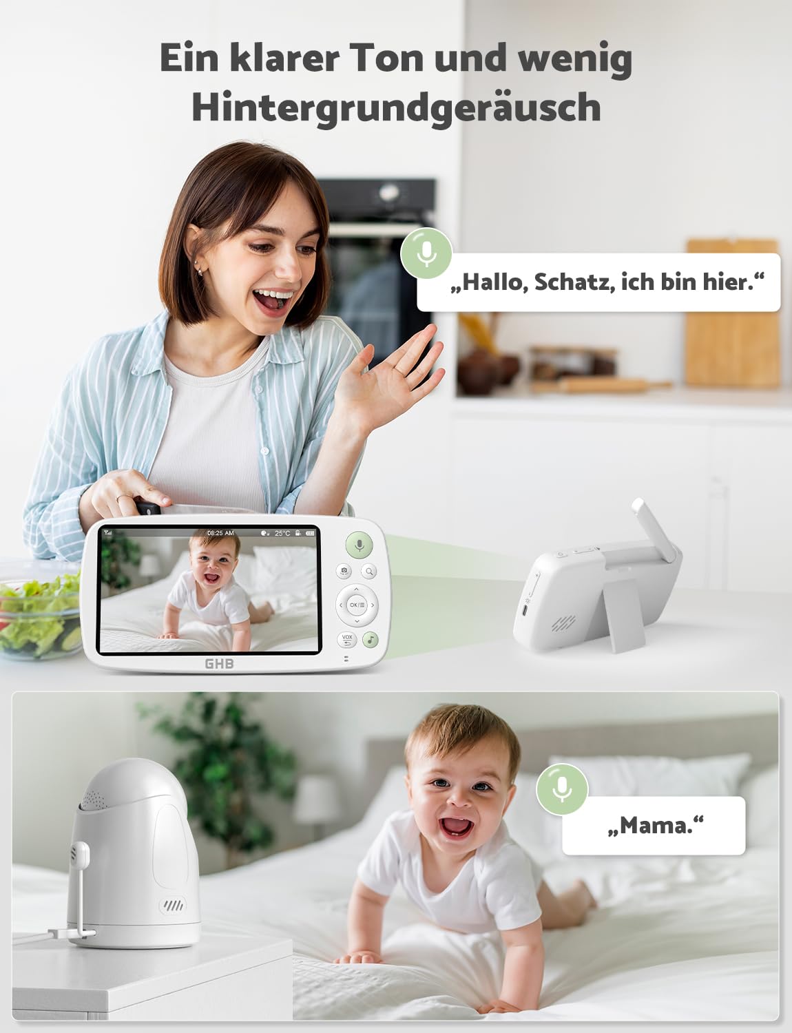 GHB Babyphone mit Kamera 5 Zoll HD 1080P Babyphone 4000-mAh-Akku 7x24 St. im VOX Modus 4xZoom Gegensprechen Nachtsicht Reichweite 300m