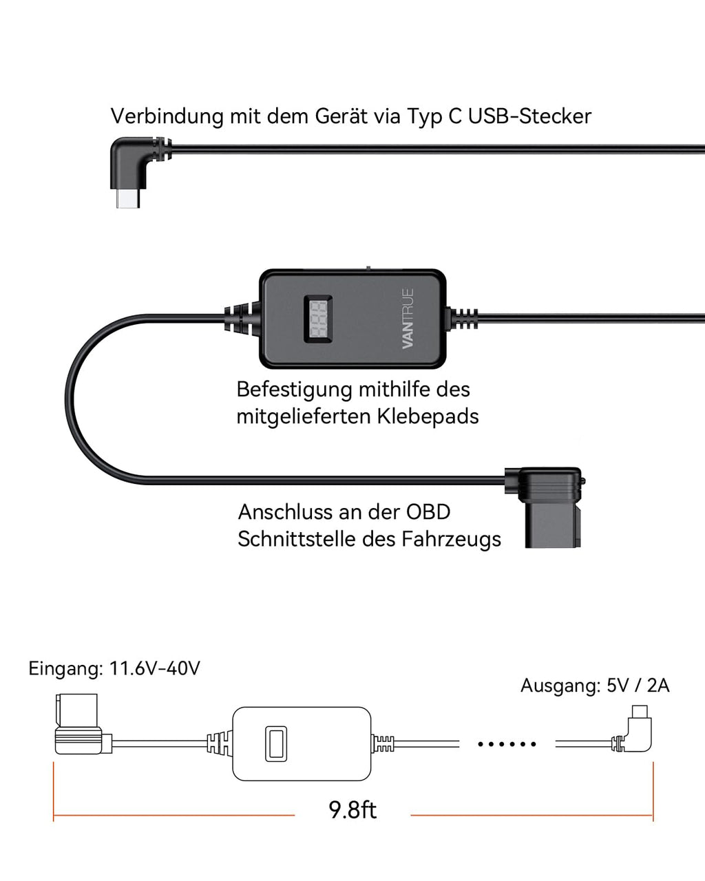 VANTRUE USB C Display OBD Hardwire mit 3 Stufen für alle Vantrue Dash Cam Halterung, Niederspannungsschutz 11.6V/12V/12.4V, 23.6V/24V/24.4V, 24 Std. Parküberwachung, 3 Meter Lang (VP04)