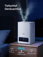 FOHERE 6L Luftbefeuchter für Große Räume, 60H Kaltnebel leiser Humidifier für Kinderzimmer, Schlafzimmer, Pflanzen, 28dB Ultra Leise, Präziser Feuchtigkeitssensor, 16H Timer, Aromadiffusor, Weiß