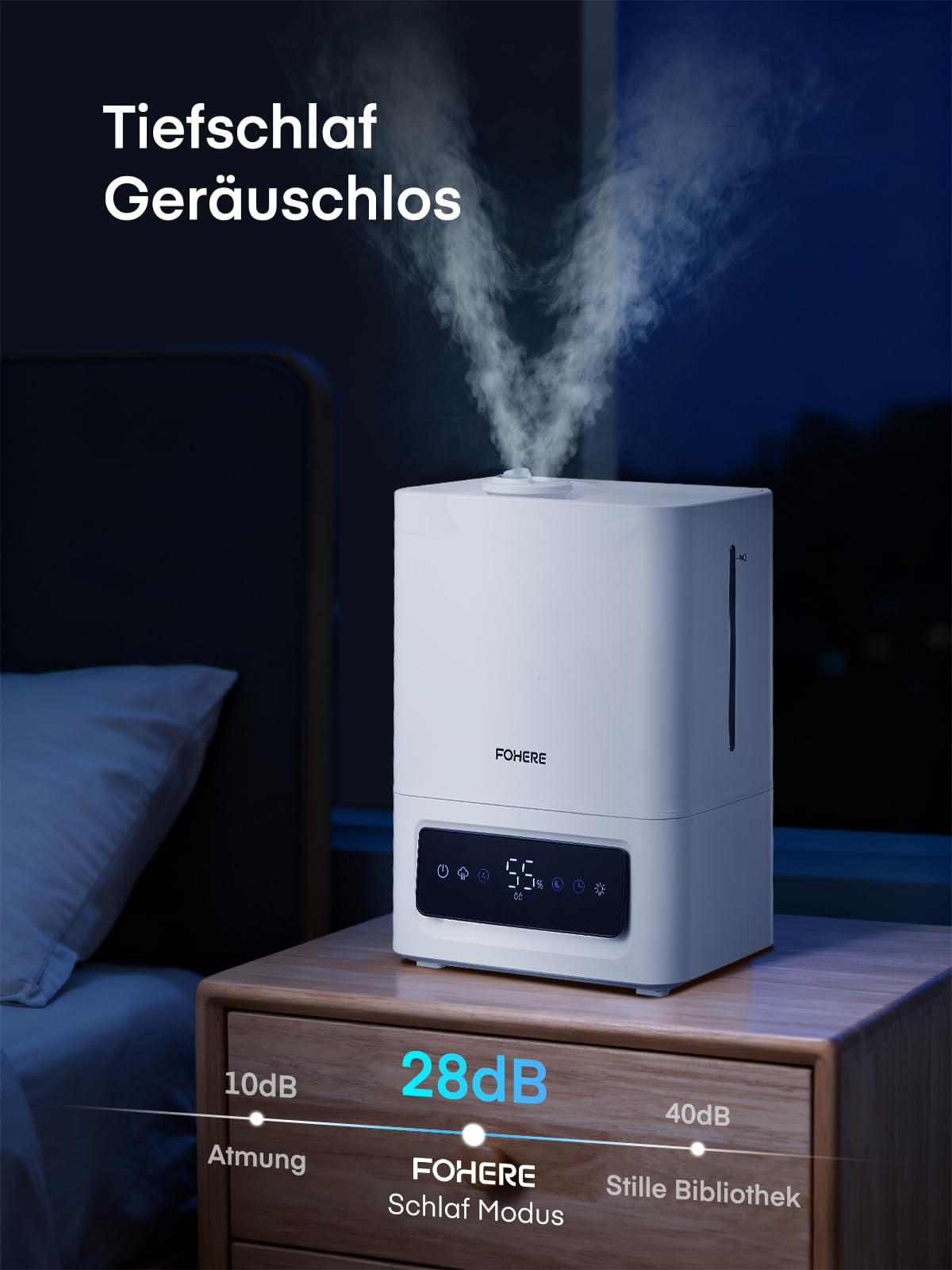 FOHERE 6L Luftbefeuchter für Große Räume, 60H Kaltnebel leiser Humidifier für Kinderzimmer, Schlafzimmer, Pflanzen, 28dB Ultra Leise, Präziser Feuchtigkeitssensor, 16H Timer, Aromadiffusor, Weiß