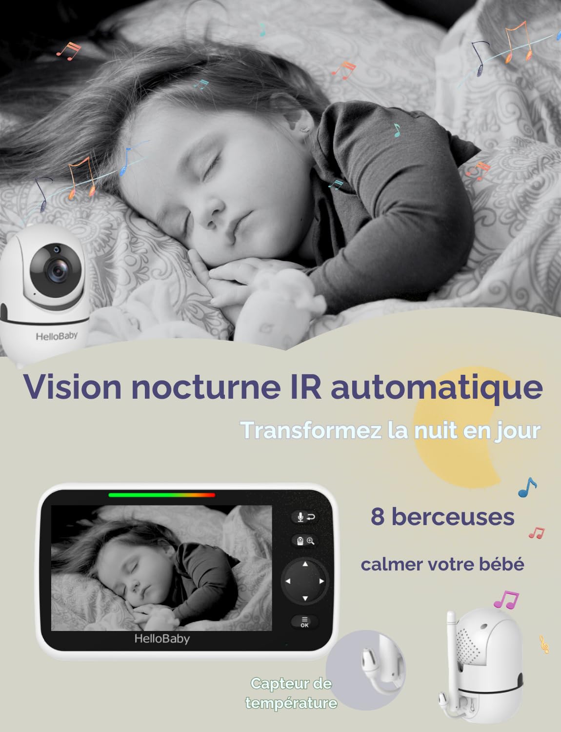 HelloBaby Babyphone mit 2 Kameras, Kein WLAN, 5" Geteilter Bildschirm, 355°/120° Schwenken-Neige Babyphone, ECO, 2 Wege Audio, Nachtsicht, 3500 mAh Akku, 8 Schlaflieder