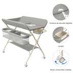 Wickelstation mit Seitenkorb, höhenverstellbarer tragbarer Wickeltisch mit feststellbaren Rädern, multifunktionaler Aufbewahrungs-Organizer fürs Kinderzimmer,75 x 68 x 83–91 cm (A) (Grau)