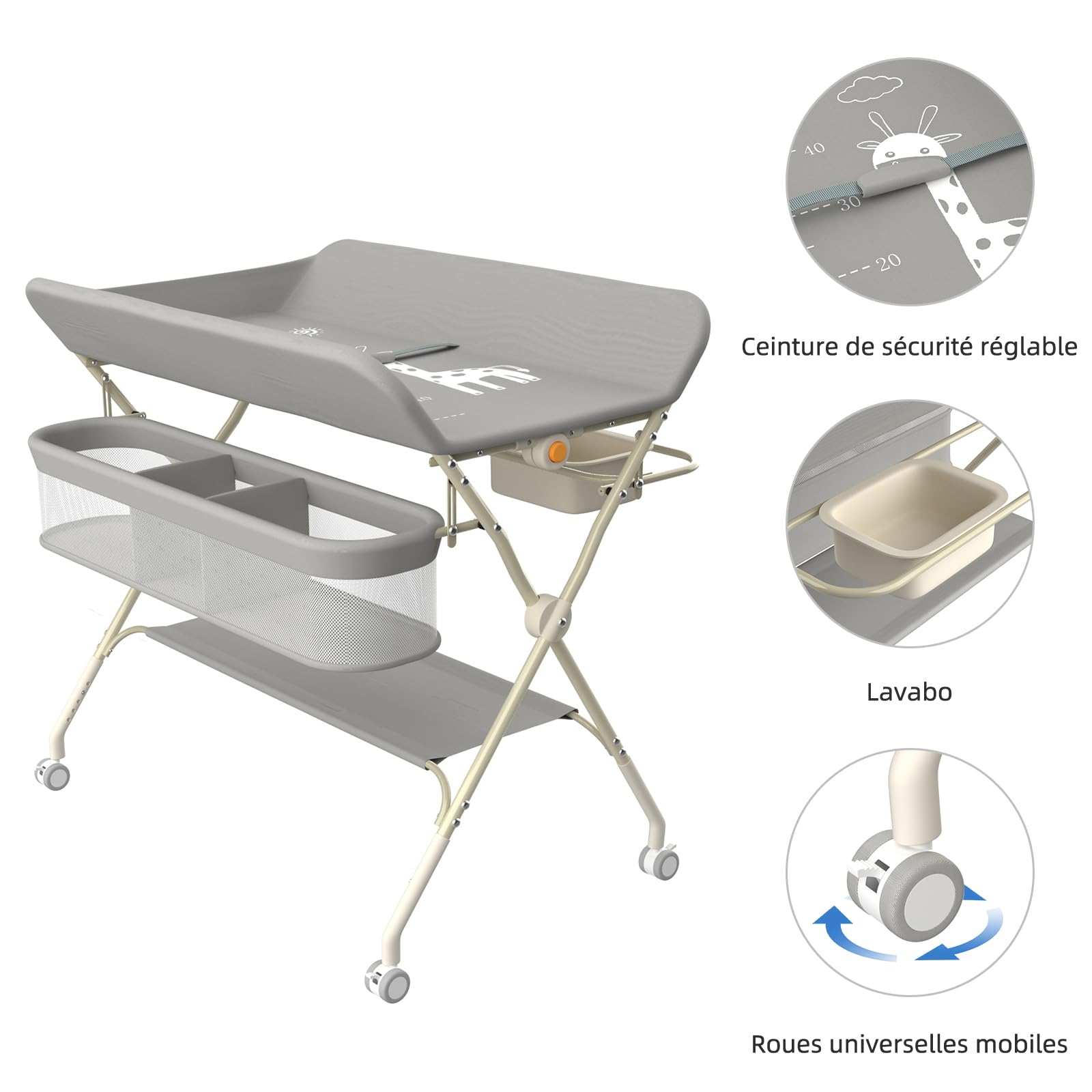 Wickelstation mit Seitenkorb, höhenverstellbarer tragbarer Wickeltisch mit feststellbaren Rädern, multifunktionaler Aufbewahrungs-Organizer fürs Kinderzimmer,75 x 68 x 83–91 cm (A) (Grau)