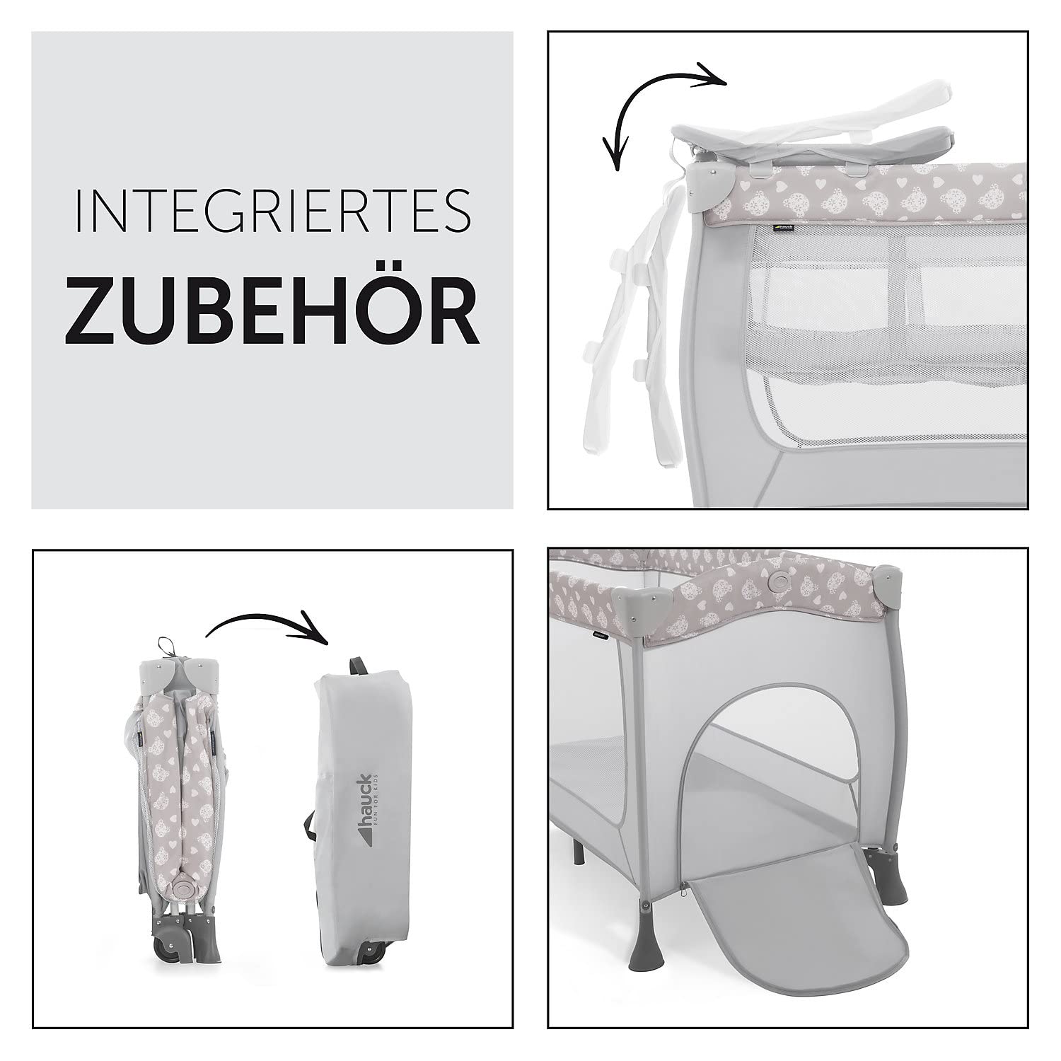 hauck Kinderreisebett Sleep N Play Center mit Neugeboreneneinhang, Wickelauflage, Tragetasche, Rollen, Schlupf, Klein Zusammenklappbar, Baby Reisebett Kleinkind ab Geburt bis 15 kg (Teddy Grey)