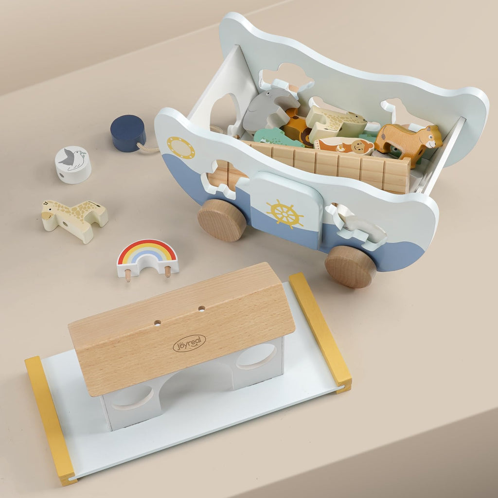 Joyreal Arche Noah Holz - Taufgeschenke für Mädchen Jungen Kinder, Geschenk Taufe, Montessori Spielzeug ab 1 2 3 Jahr, Holzspielzeug mit Bauernhof Spielzeug Sortier Stapel