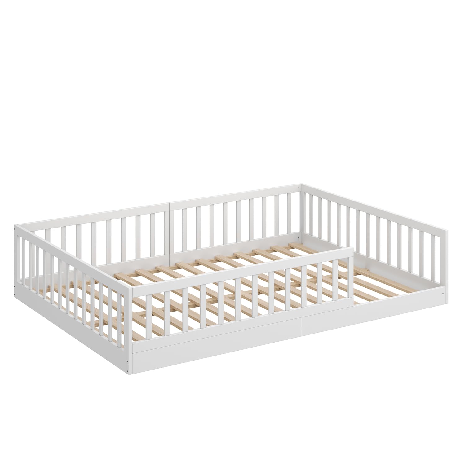 CADANI Timi Kinderbett 140x200 cm Bodenbett, Rausfallschutz abnehmbar, bis 200 kg belastbar, Roll-Lattenrost, Montessori Kiefer Massivholz Bett, 3 Aufbauvarianten, Umbaubar, Weiß