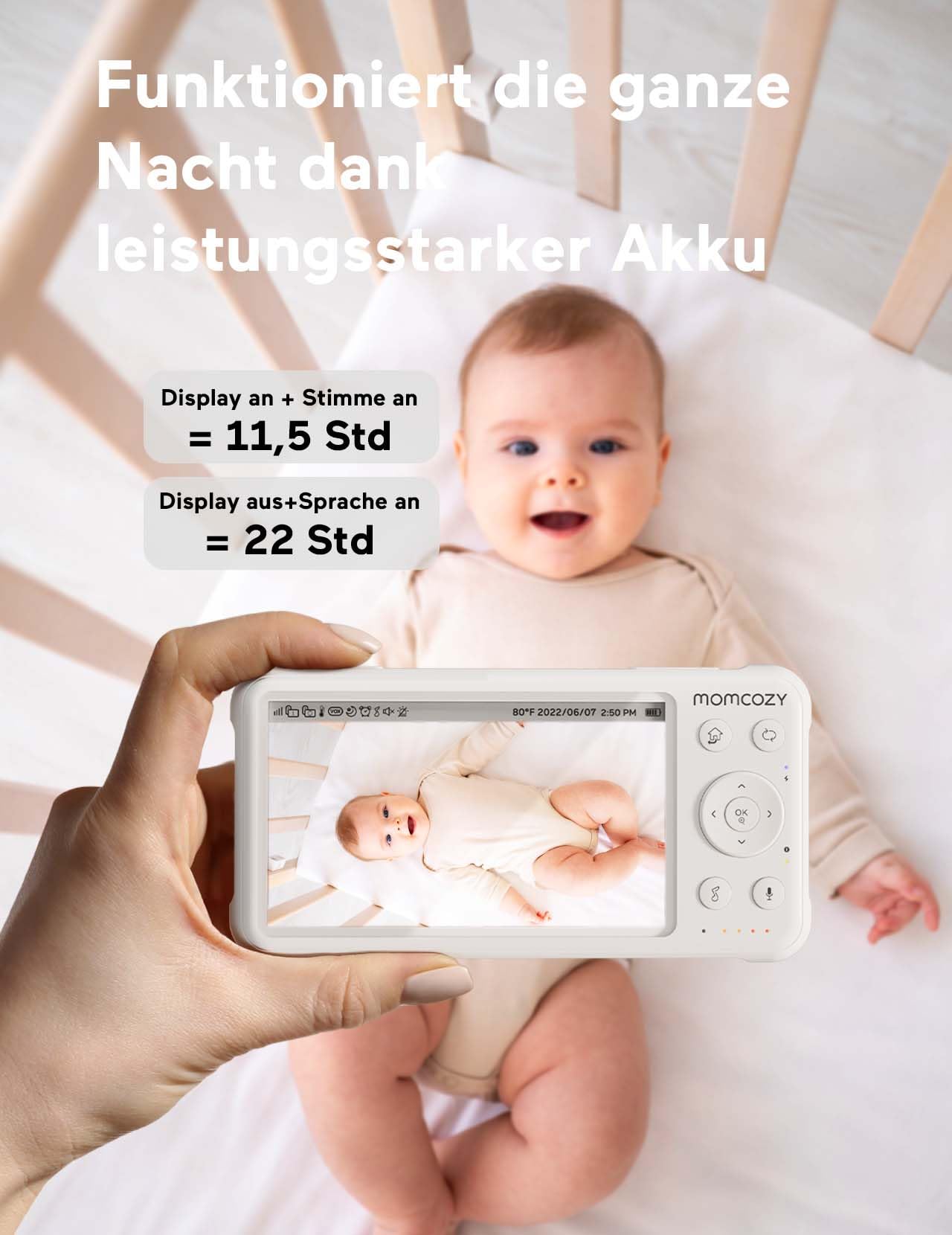 momcozy Babyphone mit 2 Kameras 5 Zoll 1080P Split-Screen-Video-Babyphone mit integriertem Weitwinkelobjektiv, mit Kamera und Audio Kein WLAN, 5000-mAh-Akku Infrarot-Nachtsicht 960 Fuß Reichweite