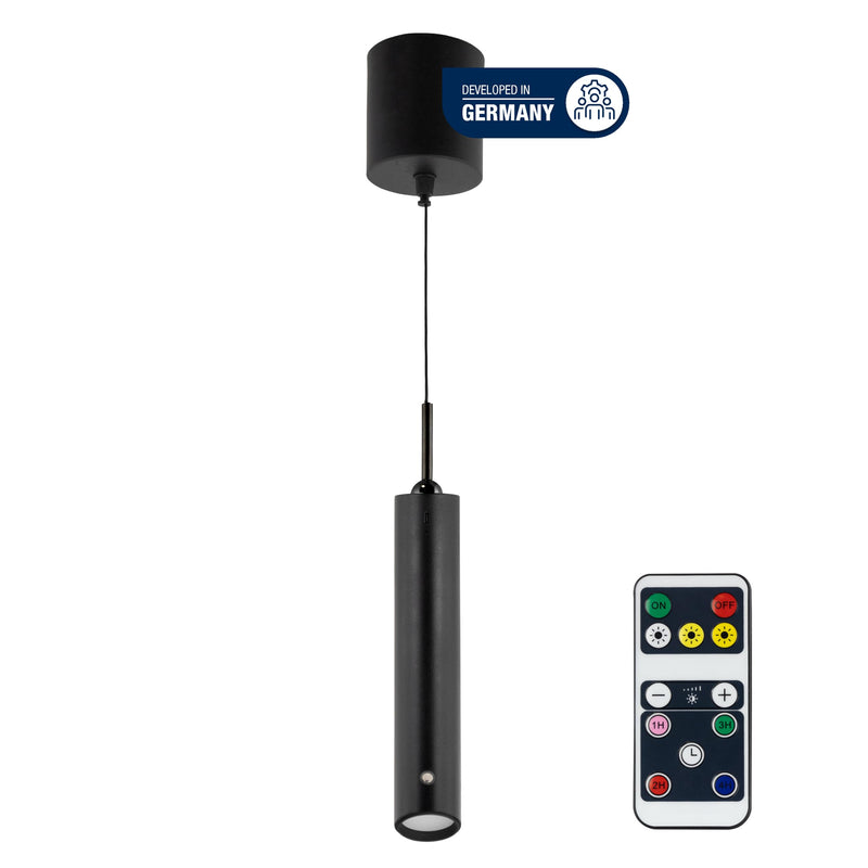 REV Pendelleuchte Akku - 130lm dimmbar 3 Farben, Timer 1-4H, höhenverstellbar durch ziehen (37-163cm) Hängeleuchte mit Fernbedienung, ideal als Hängelampe ohne Strom, schwarz