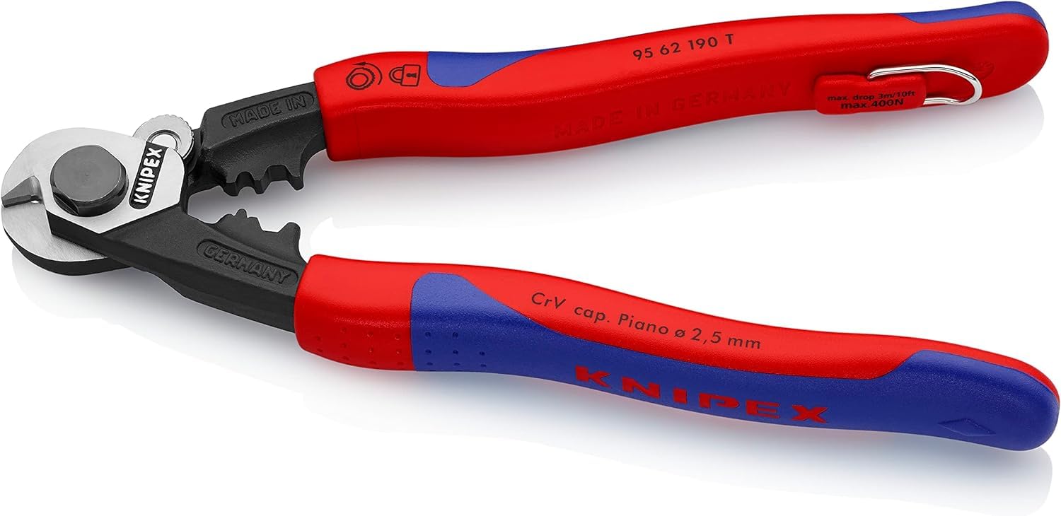 KNIPEX Drahtseilschere geschmiedet mit Mehrkomponenten-Hüllen, mit integrierter Befestigungsöse zum Anbringen einer Absturzsicherung 190, 95 62 190 T