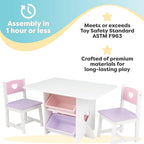 KidKraft Herz Kindertisch mit Stauraum und 2 Stühlen aus Holz - Kindersitzgruppe mit Aufbewahrungsbox, Kinder Tisch Stuhl Set, Kinderzimmer Möbel, 26913
