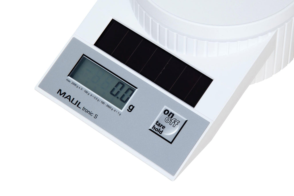 MAUL Briefwaage MAULtronic S 19,6x13x6,5 cm | Waage Solar bis 2kg belastbar | Moderne Küchenwaage mit 0,5 - 1g Teilung | Automatische Nullstellung und Abschaltautomatik | Weiß