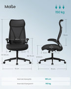 SONGMICS Bürostuhl, Schreibtischstuhl, ergonomische Rückenlehne, höhenverstellbar, hochklappbare Armlehnen, Drehstuhl mit Kopfstütze, bis 150 kg belastbar, tintenschwarz OBN088B01