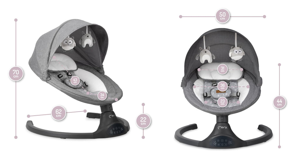 MoMi KENANI Babywippe für Kinder bis 9 kg, klappbar, mit Fernbedienung & Bluetooth zum Verbinden mit Smartphone, Batterie- oder Stromanschluss, mit 5-Punkt-Sicherheitsgurt, Sonnenschutz, Insektennetz