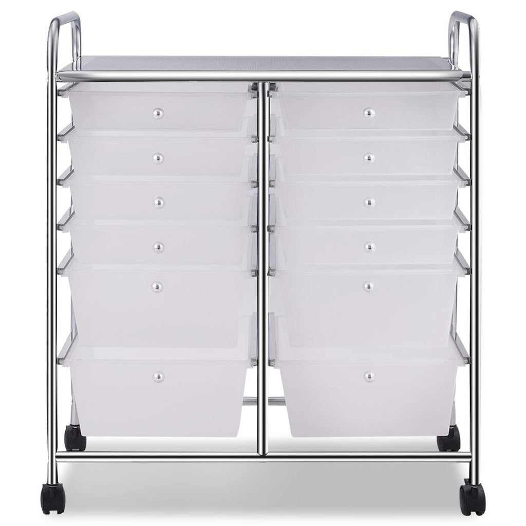 COSTWAY Rollwagen mit 12 stapelbaren Schubladen, Schubladenwagen Rollcontainer mit Metallgestell und Ablagefläche, Badrollwagen Aufbewahrungswagen für Büro, Wohnzimmer (Transparent)