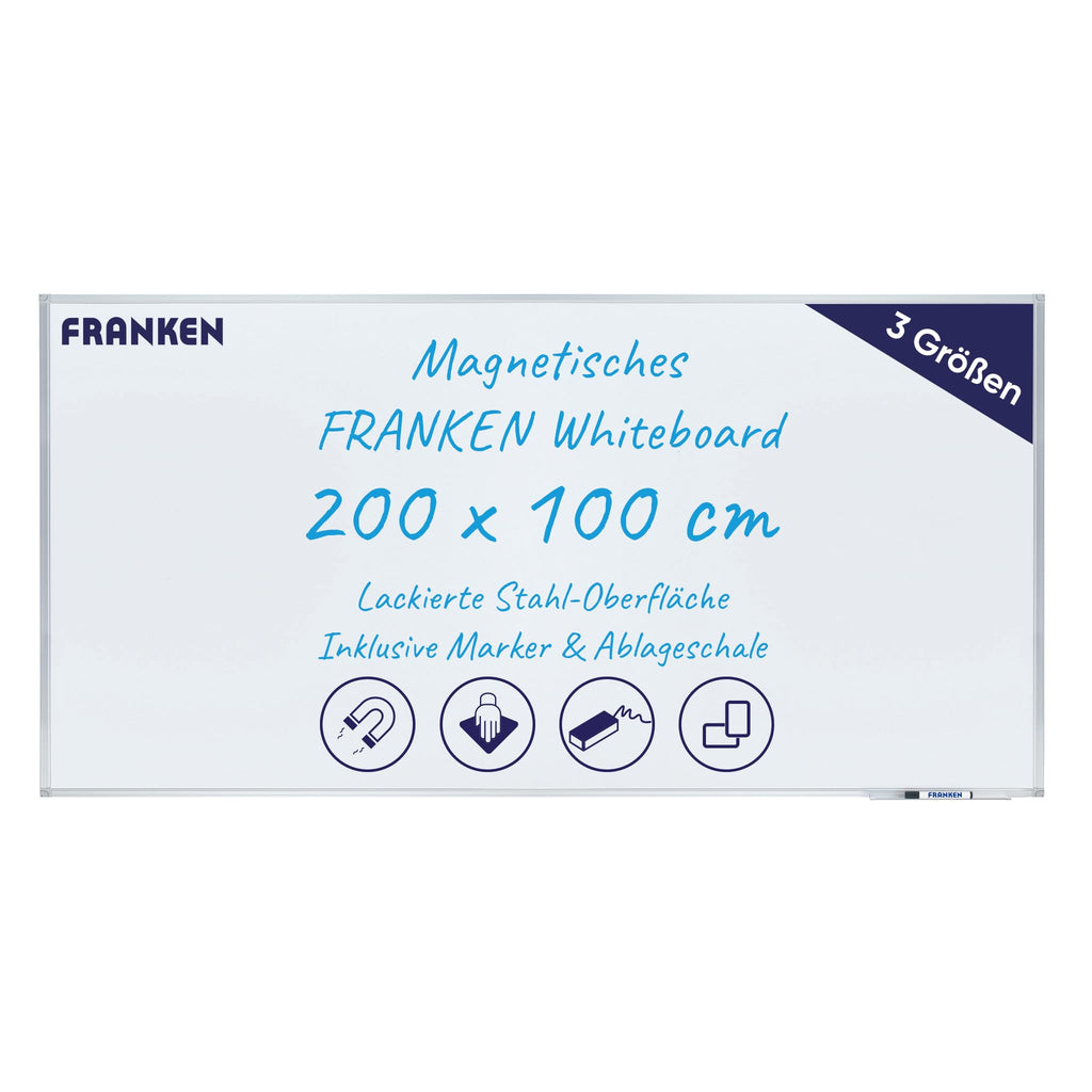 FRANKEN Magnetisches Whiteboard 200 x 100 cm, Magnettafel mit lackierter Stahl-Oberfläche, Schreibtafel inkl. FRANKEN Marker & Ablageschale, Für Büro, Home Office & Schule, Aluminiumrahmen, X-tra!Line
