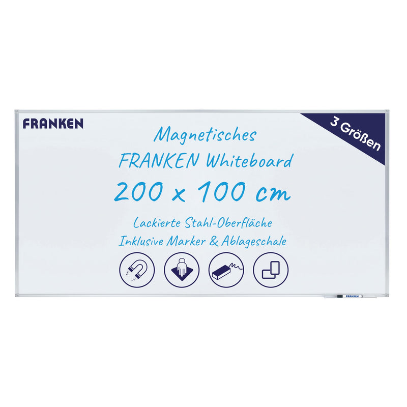 FRANKEN Magnetisches Whiteboard 200 x 100 cm, Magnettafel mit lackierter Stahl-Oberfläche, Schreibtafel inkl. FRANKEN Marker & Ablageschale, Für Büro, Home Office & Schule, Aluminiumrahmen, X-tra!Line