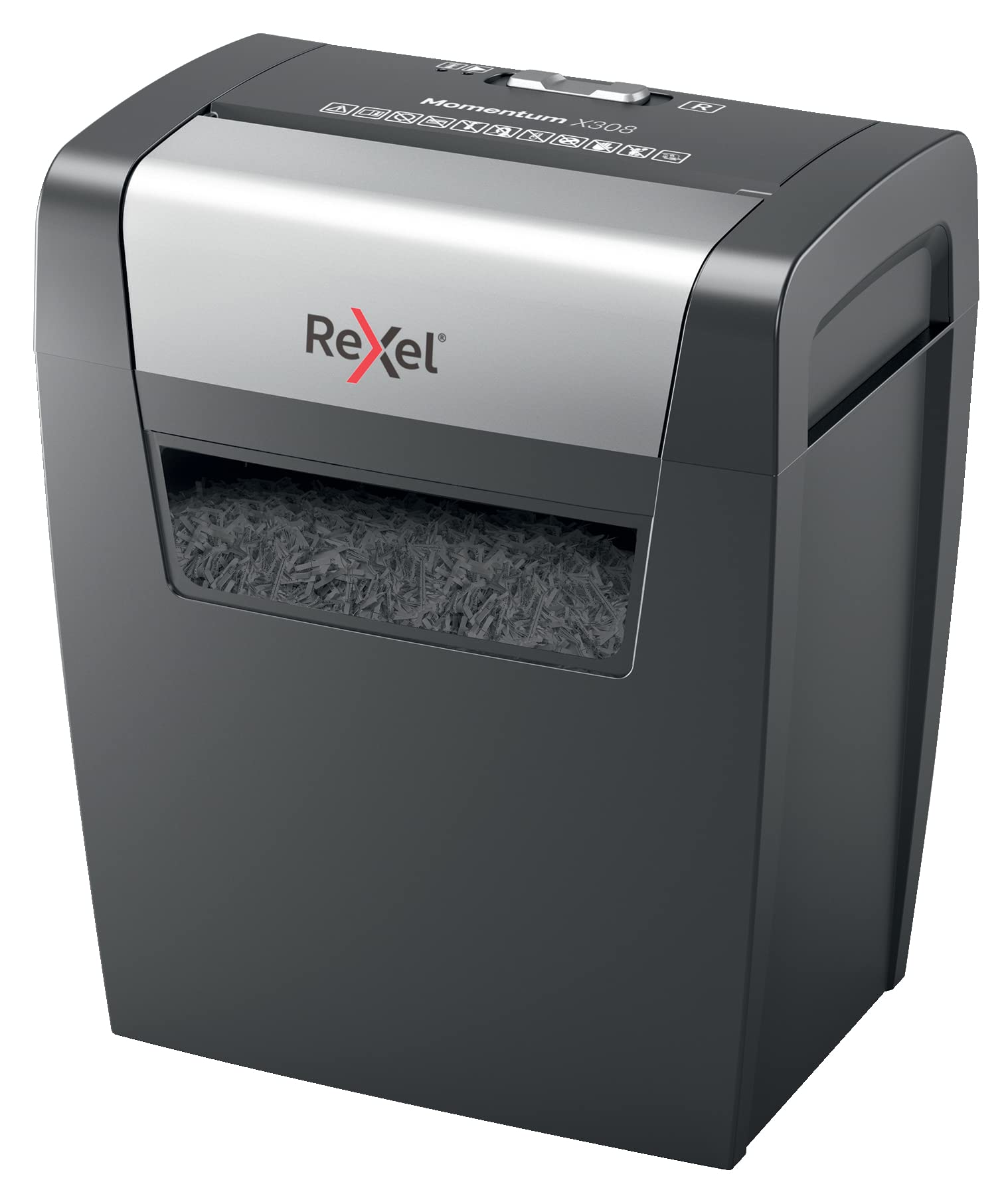Rexel Aktenvernichter Momentum X308, Partikelschnitt, 9-8 Blatt A4 (70-80 g/m²) Kapazität, Sicherheitsstufe P3, 15L Abfallbehälter, Schredder, schwarz, 2104570EU