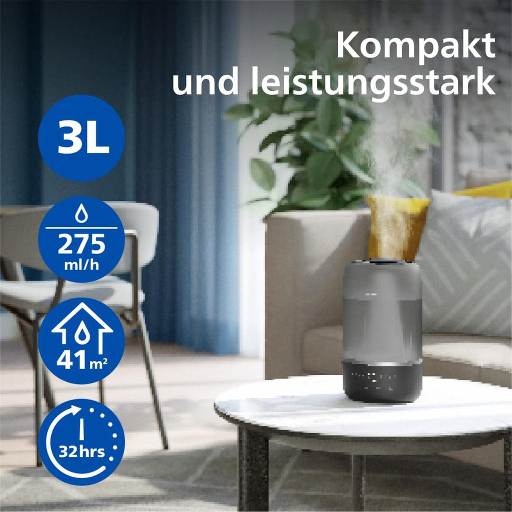 Philips Smart Humidifier - kompakt und dennoch leistungsstark mit himmelhohem Nebel, Aromatherapie, leise mit Schlaffunktion und Nachtlicht, für (Schlaf-) Räume bis zu 41m² (HU1510/03)