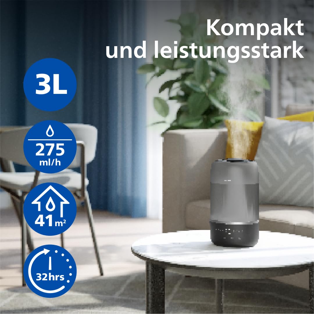 Philips Smart Humidifier - kompakt und dennoch leistungsstark mit himmelhohem Nebel, Aromatherapie, leise mit Schlaffunktion und Nachtlicht, für (Schlaf-) Räume bis zu 41m² (HU1510/03)