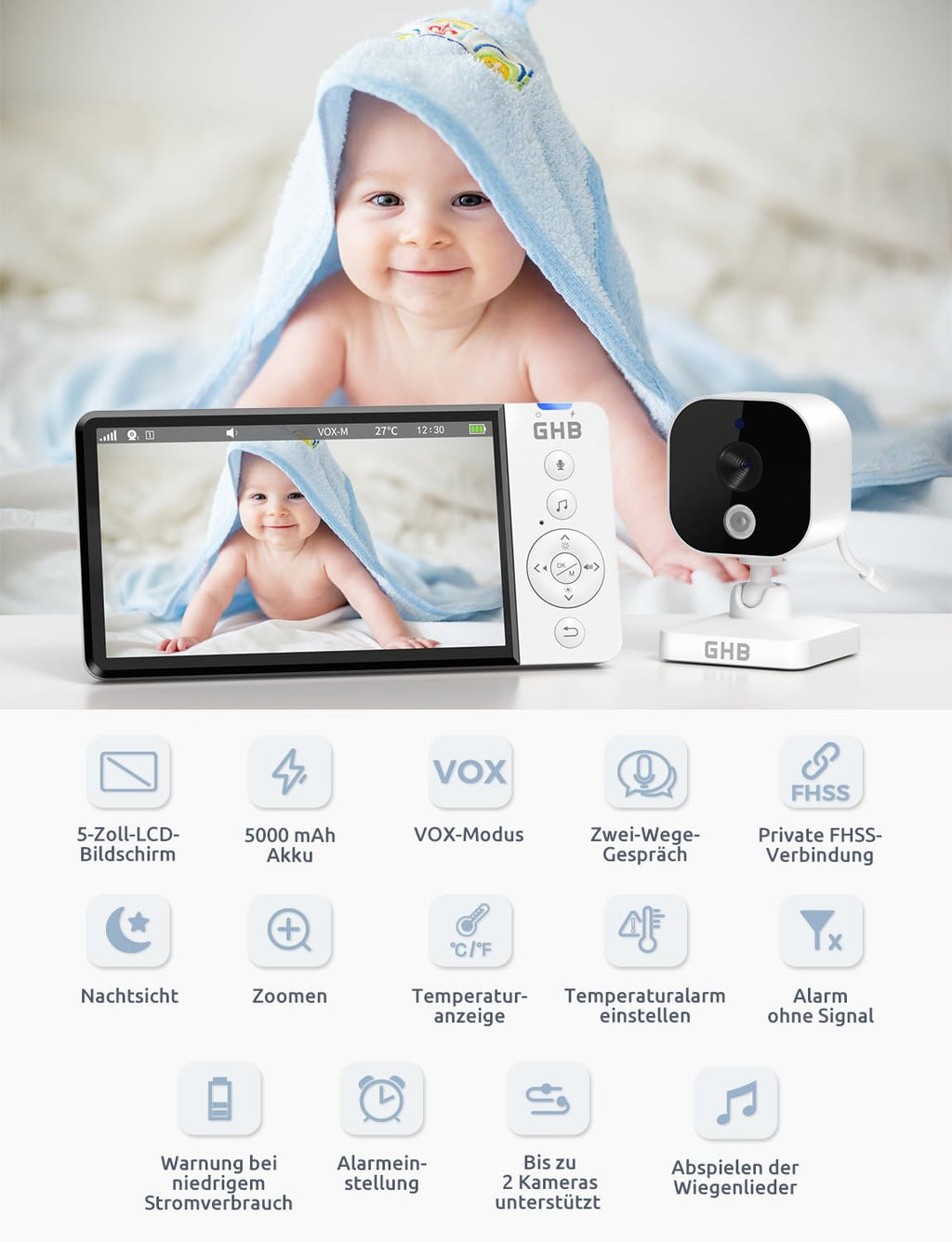 GHB Babyphone mit Kamera 5 Zoll 720P HD 5000mAh IPS-Display VOX-Modus 4X Zoom Nachtsicht Gegensprechen Temperaturanzeige Nicht drehbar