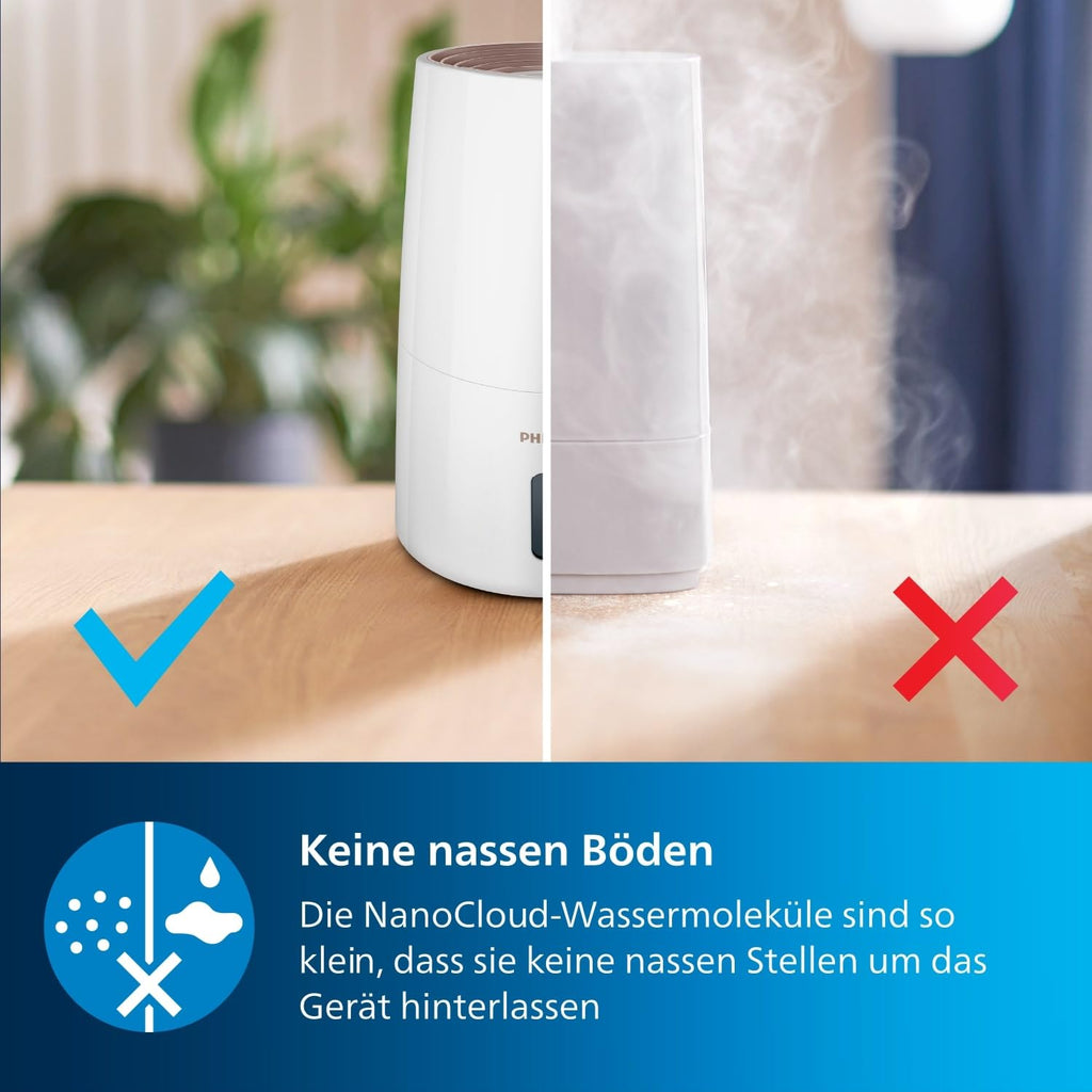 PHILIPS Luftbefeuchter 3000 Serie, für 45 m², NanoCloud, 99,97% weniger Bakterien, 300 ml/h, 3 Stufen, Schlafmodus, Ultraleise (33 dB), Feuchtigkeitssensor, Timer, 3L Tank, Weiß (HU3916/10)
