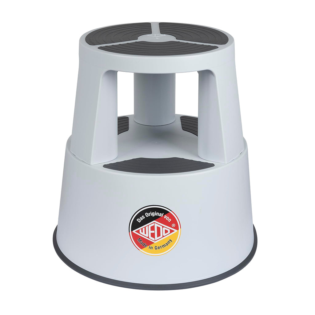 WEDO Rollhocker Super Step – robuster Tritthocker aus bruchfestem Kunststoff, TÜV/GS-geprüft nach EU-Norm EN 14183-F, rutschfest & rollbar, Made in Germany, Höhe ca. 43 cm, Tragkraft 150 kg, Lichtgrau