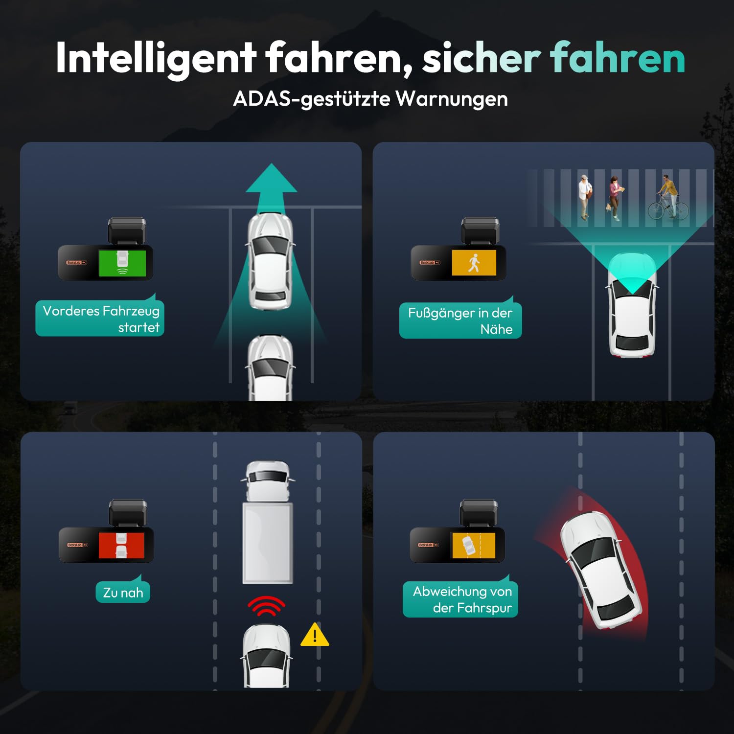 BOTSLAB Dashcam Auto Vorne Hinten 4K+2K mit GPS WiFi und Hardwire-Kit, Dash Cam Auto Kamera mit ADAS, Kostenlose 64-GB-Karte, 24/7 Parküberwachung, 2,45" IPS, Nachtsicht, WDR, 170°Weitwinkel