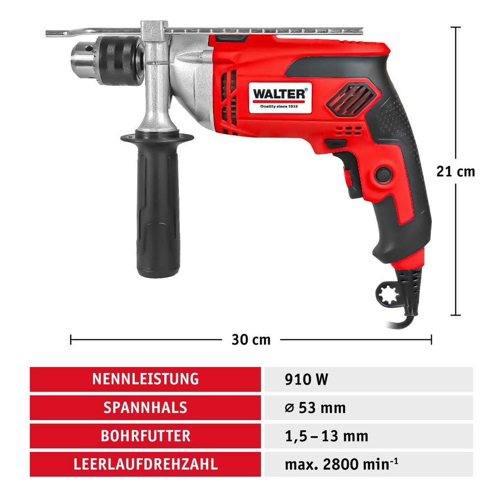 WALTER Schlagbohrmaschine (910 Watt, elektr. Drehzahlregelung, mit zweiten Handgriff, Tiefenanschlag, max. Bohr-Ø: Holz: 25 mm, Beton: 16 mm, Metall: 13 mm)