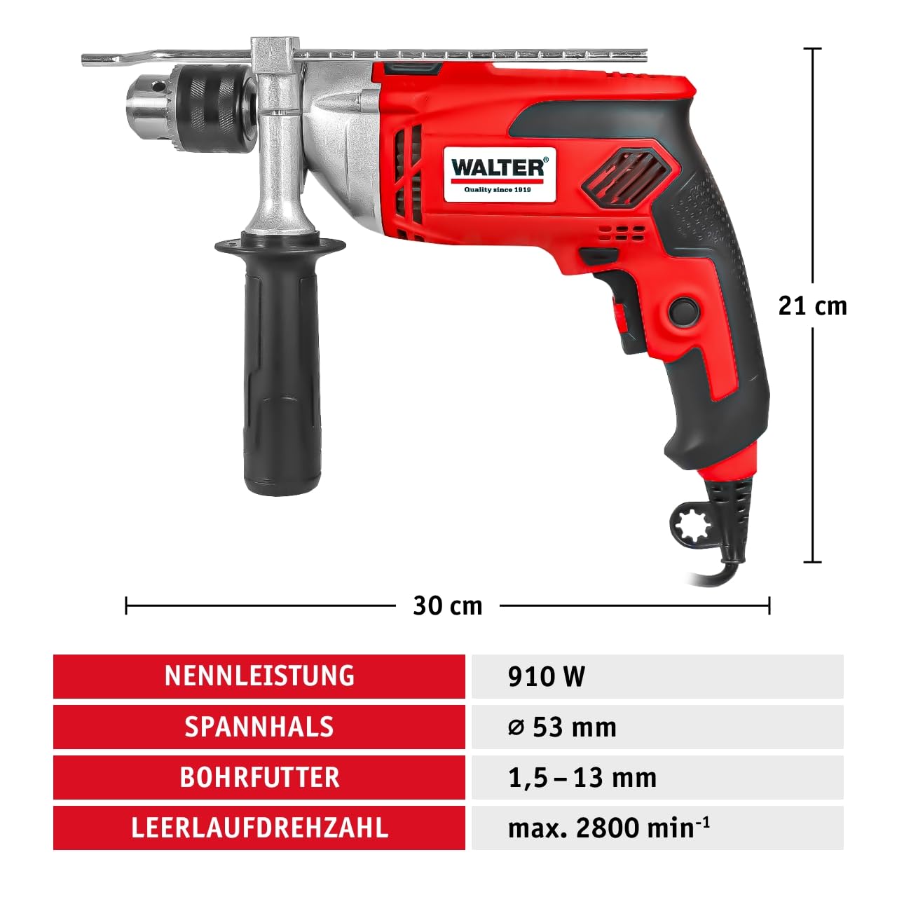 WALTER Schlagbohrmaschine (910 Watt, elektr. Drehzahlregelung, mit zweiten Handgriff, Tiefenanschlag, max. Bohr-Ø: Holz: 25 mm, Beton: 16 mm, Metall: 13 mm)