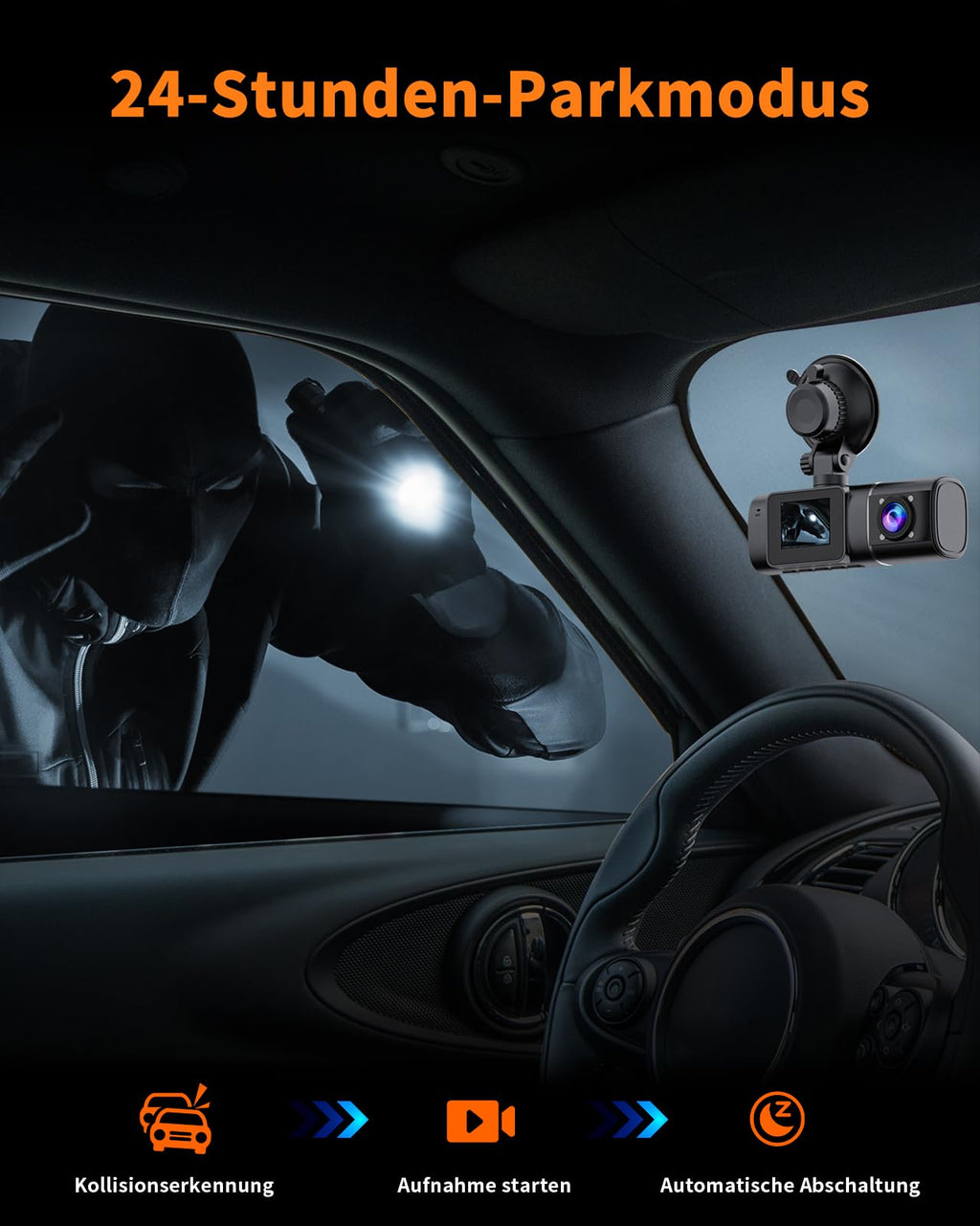Volam Dashcam Auto Vorne Innen, 4K +1080p Dual Dash Cam mit Akku Parküberwachung, 1,5-Zoll-IPS-Bildschirm Mini-Autokamera mit IR-Nachtsicht, G-Sensor, Weitwinkel