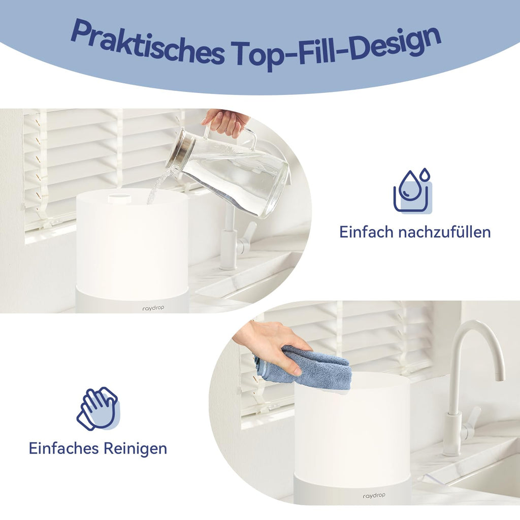raydrop Luftbefeuchter Schlafzimmer 3L, Ultraschall Cool Mist Luftbefeuchter für große Räume & Zuhause, Top-Fill Humidifier für Baby & Pflanzen, Aroma Diffusor mit LED-Licht, Timer & Auto-Abschaltung
