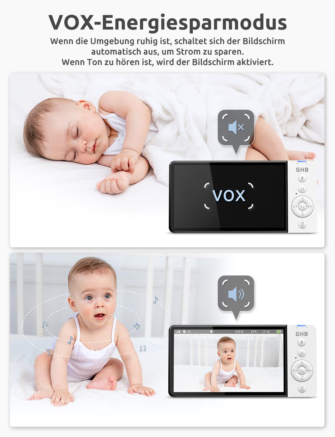GHB Babyphone mit Kamera 5 Zoll 350° Rotation 5000mAh 720P Nachtsicht VOX-Modus Digitalzoom GegensprechfunktionTemperaturanzeige ABM720C