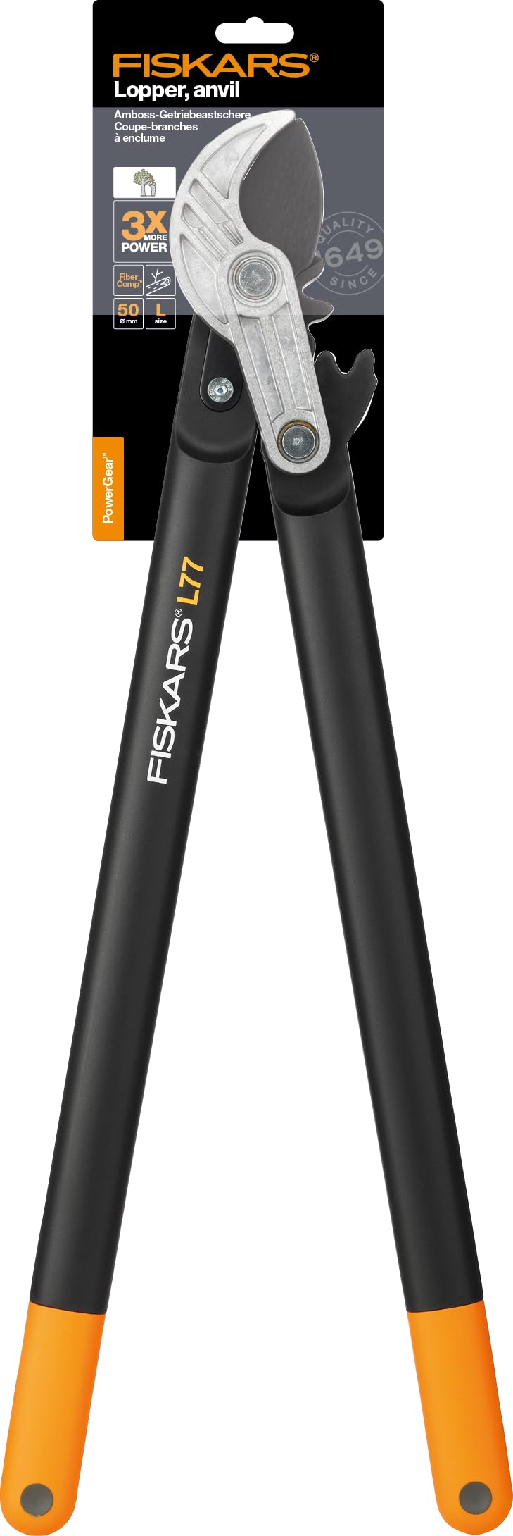 Fiskars PowerGear Amboss-Getriebeastschere für trockene Zweige und Äste, Schneide und stumpfes Gegenstück, Antihaftbeschichtet, Gehärteter Präzisionsstahl, Länge: 69 cm, Schwarz/Orange, L77, 1000583
