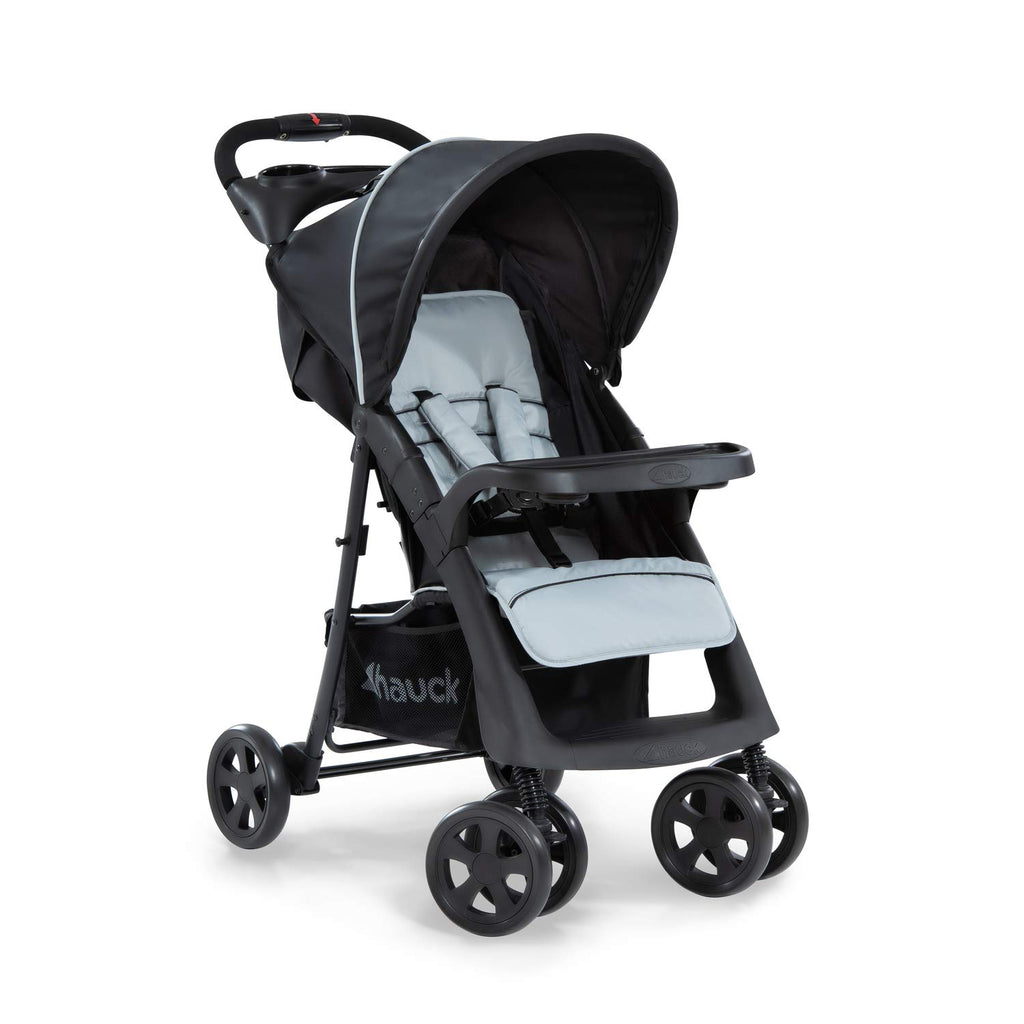 hauck Shopper Neo II, Schwarz Grau - Kinderbuggy mit Liegeposition ab Geburt bis 22 kg, 2x Tablett mit Getränkehalter, Einhändig Klein Zusammenklappbar, Tasche im Verdeck, XL Korb