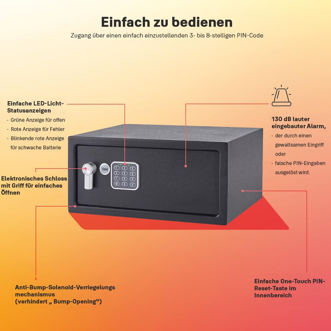 Yale Elektronischer Tresor mit Alarm YLC/200/DB2, 24 L, Schwarz – 3–6-stelliger PIN-Code, Mastercode, Doppelbolzenverriegelung, inkl. 2 Schlüssel, ideal für Laptop, Hotel & Zuhause