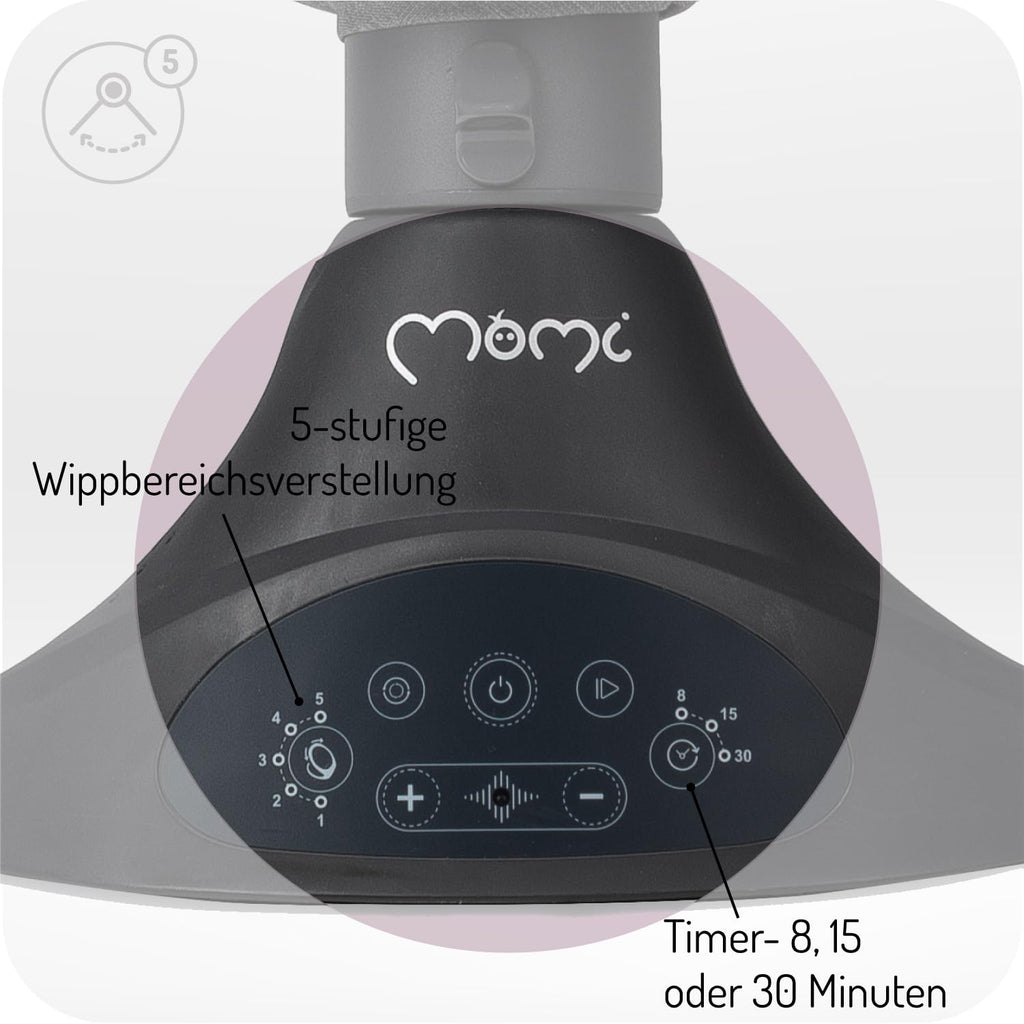 MoMi KENANI Babywippe für Kinder bis 9 kg, klappbar, mit Fernbedienung & Bluetooth zum Verbinden mit Smartphone, Batterie- oder Stromanschluss, mit 5-Punkt-Sicherheitsgurt, Sonnenschutz, Insektennetz