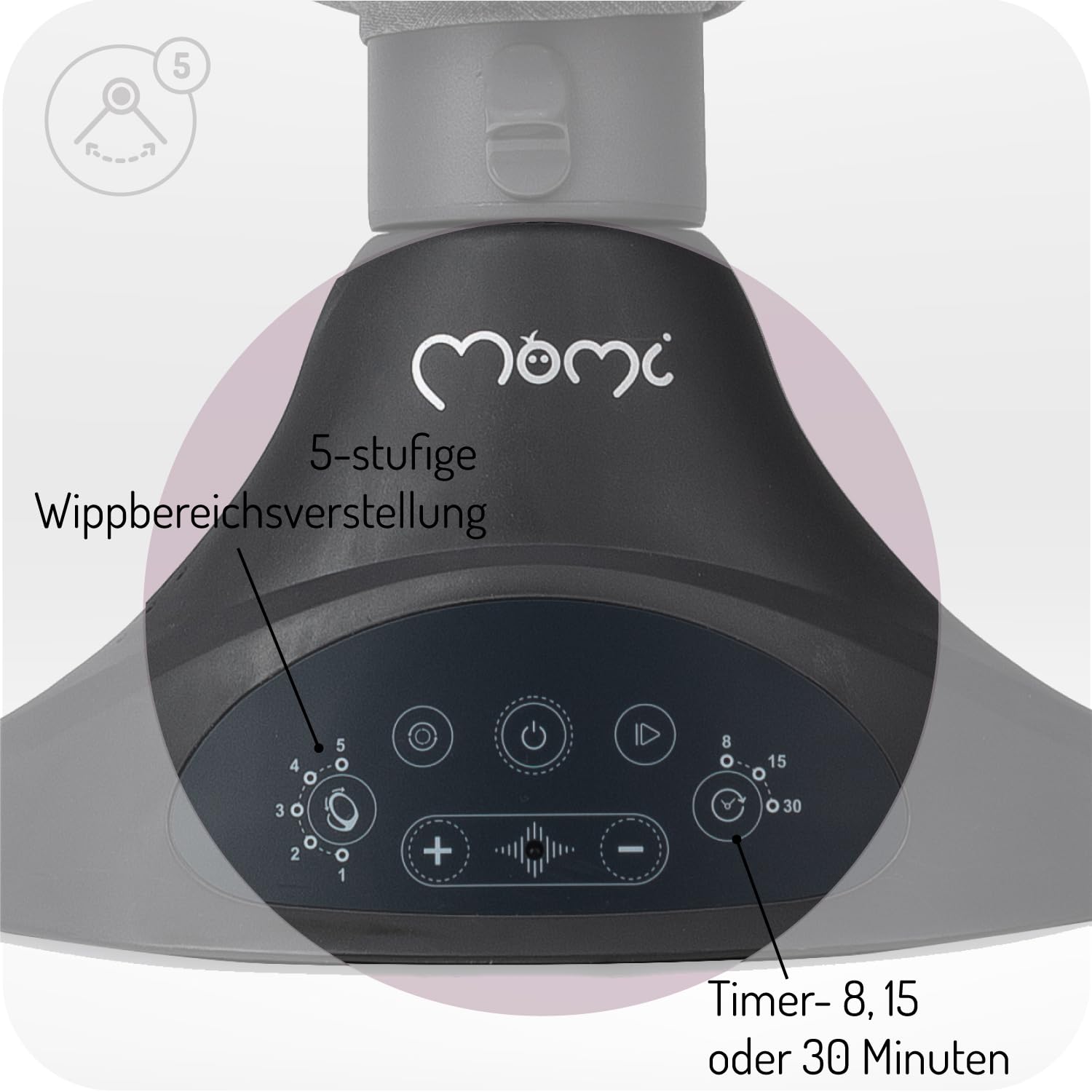 MoMi KENANI Babywippe für Kinder bis 9 kg, klappbar, mit Fernbedienung & Bluetooth zum Verbinden mit Smartphone, Batterie- oder Stromanschluss, mit 5-Punkt-Sicherheitsgurt, Sonnenschutz, Insektennetz