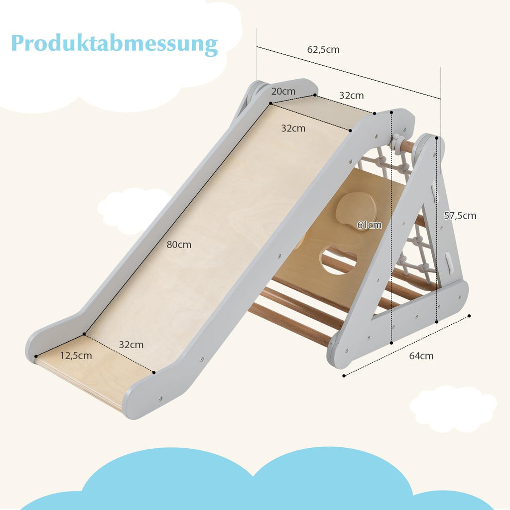 COSTWAY 4 in 1 Kletterdreieck mit Rutsche, Klettergerüst aus Holz, Sprossendreieck zum Rutschen und Klettern, für Kinder ab 1 Jahre (Grau)