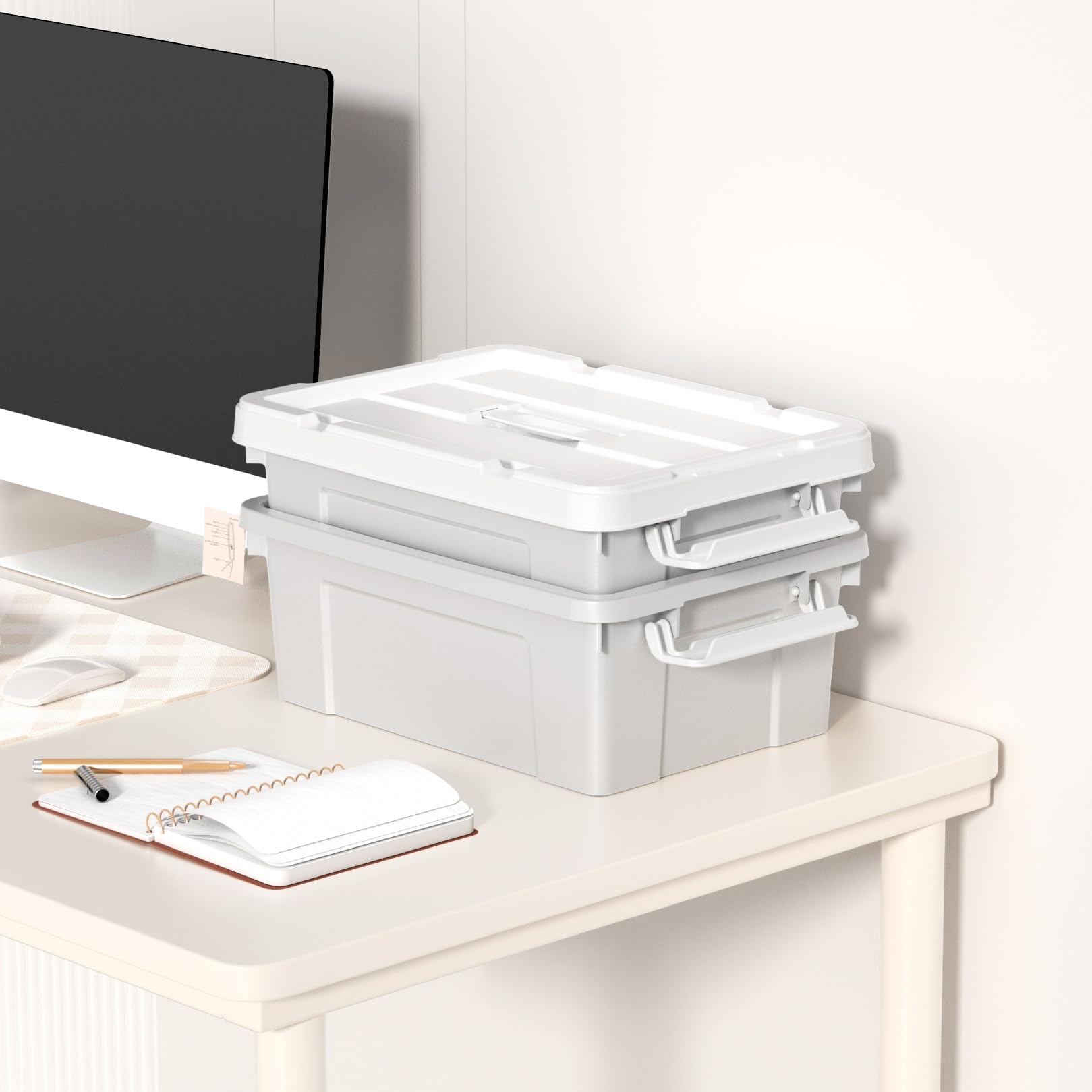 Cetomo 15L*4 Aufbewahrungsboxen, Tragbare Plastikboxen mit Deckeln, Organizer-Behälter mit Griff und Clips, Stapelbar, Ineinander Nestbar, für Zuhause und Büro, Grau, 15L-4er Pack