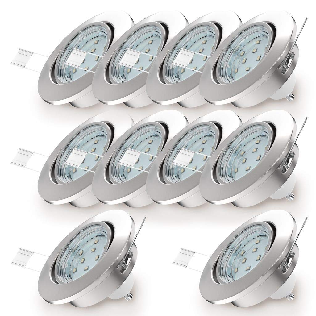 B.K.Licht - 10er Set LED Einbaustrahler 230V schwenkbar, warmweiße Lichtfarbe, Lochmass 68mm, LED Spot, Deckenspots, Spots, Einbauleuchten, Einbauspots, Deckenstrahler, 86x70 mm, Matt-Nickel