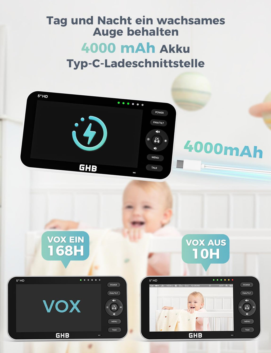 GHB Babyphone mit Kamera 5 Zoll 720P HD Display mit bis zu 168h Akkulaufzeit im VOX Schlafmodus Gegensprechen Nachtsicht und Temperaturanzeige